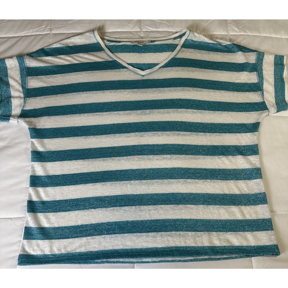 Chico's Shirt Size 3 XL Aqua White Stripe Sparkle Top Short Sleeve Coastal